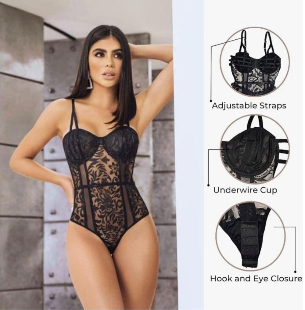 NWOT La Rue Bodysuit Sexy Lingerie Sheer Mesh Underwired Babydoll in Black sz. M